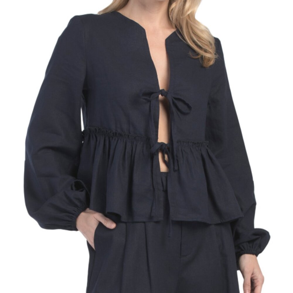 NWT AVEC LES FILLES Linen Blend Front Tie Top M